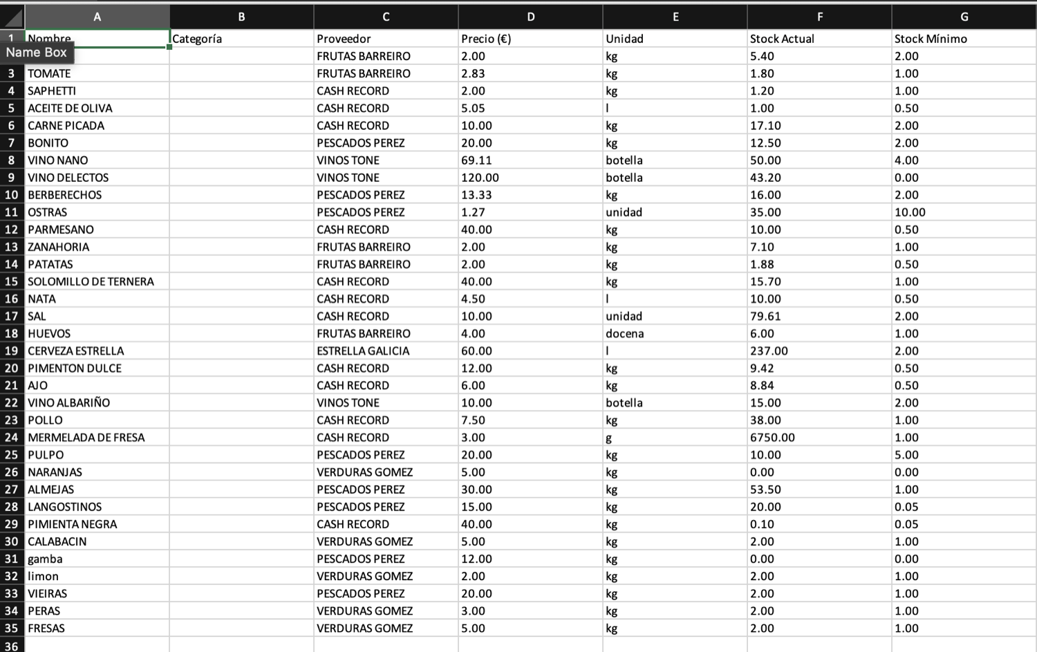 Descarga de ingredientes en Excel: precio, proveedor, stock actual y mínimo