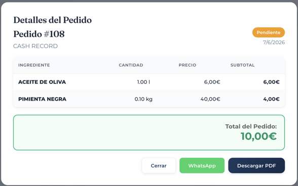Detalle de un pedido listo para enviar por WhatsApp o PDF