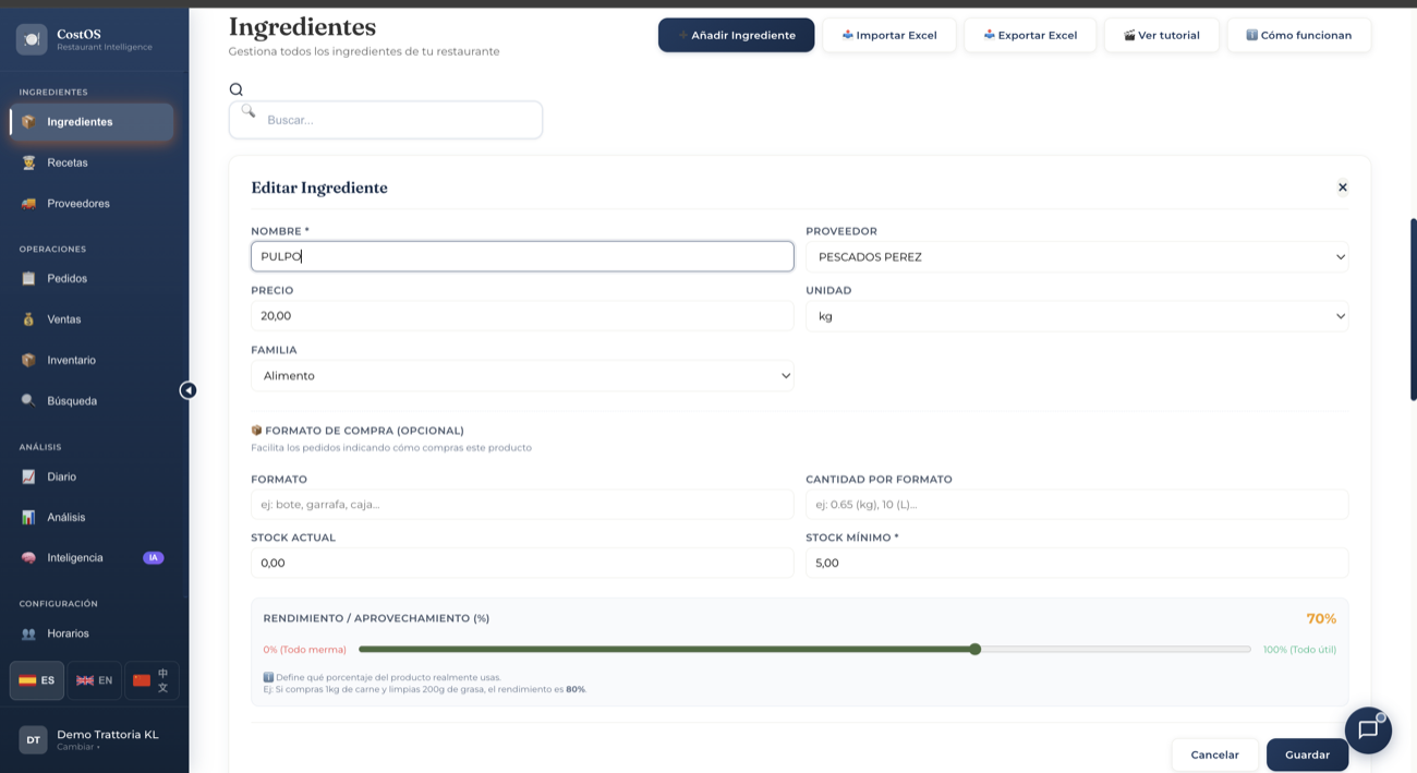 Configuración de ingredientes en CosteOS (precio, proveedor, rendimiento/merma)