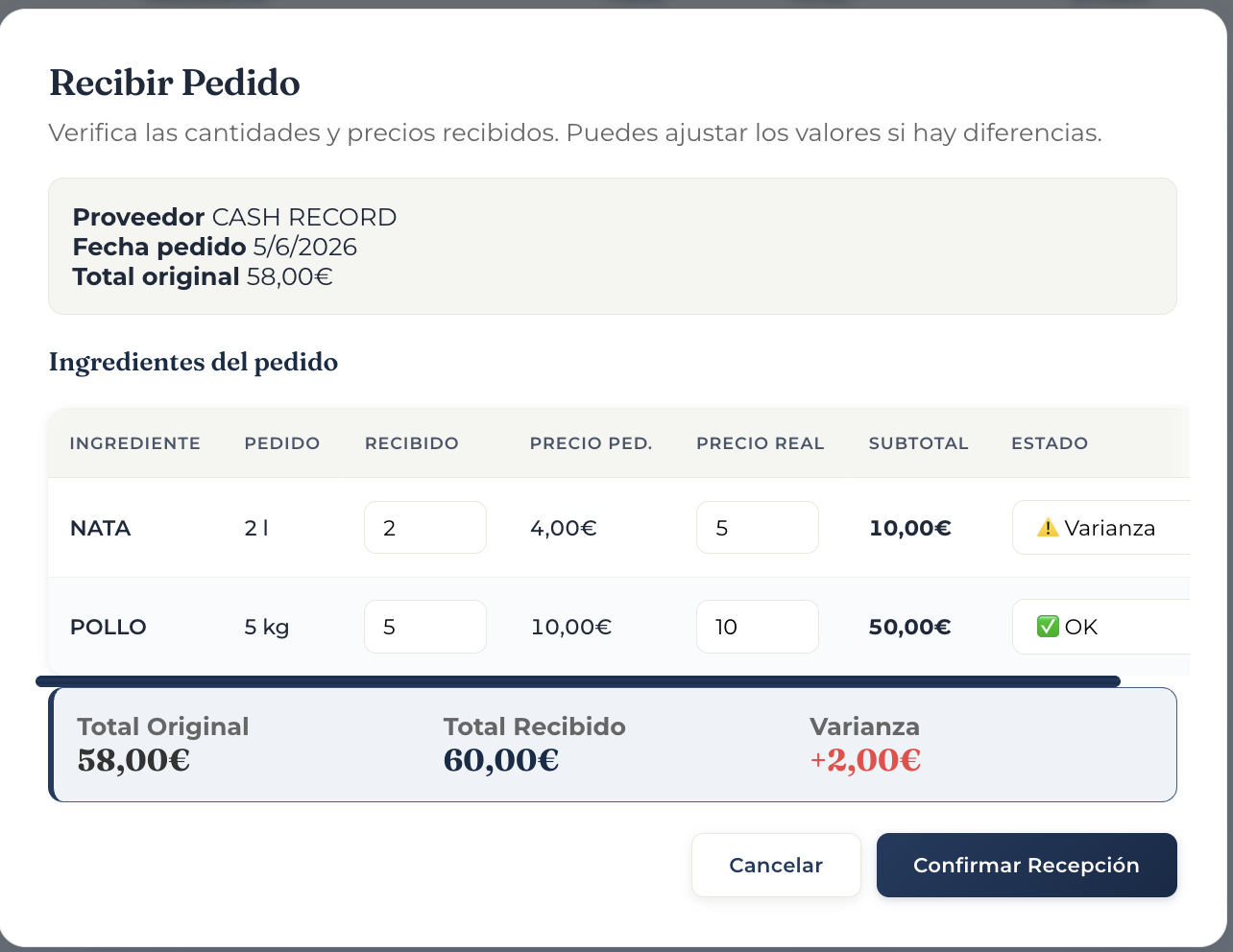 Recepción del albarán en CosteOS: comprobar cantidades y precios; varianza detectada