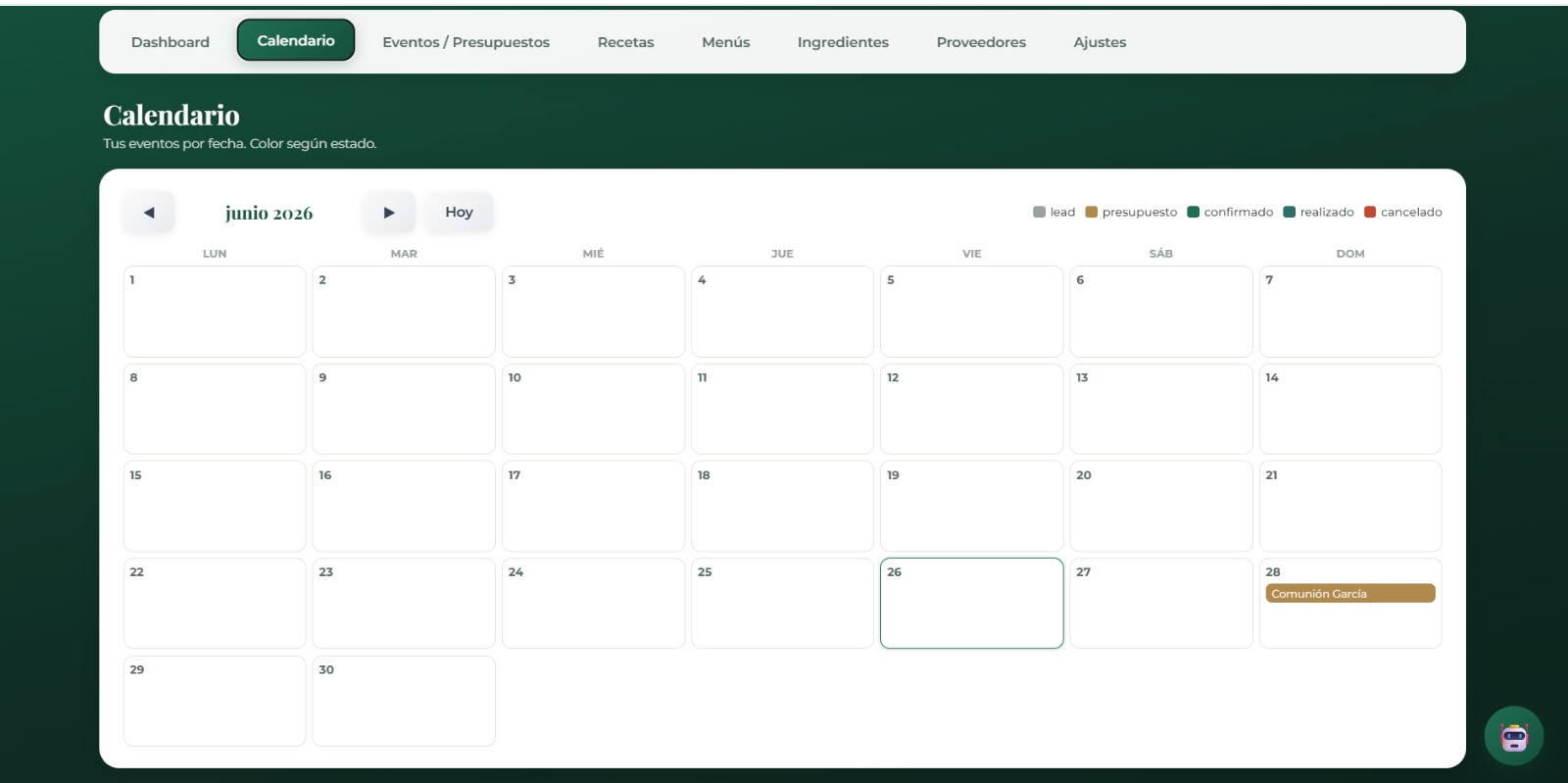 Calendario de eventos por estado en EventOS